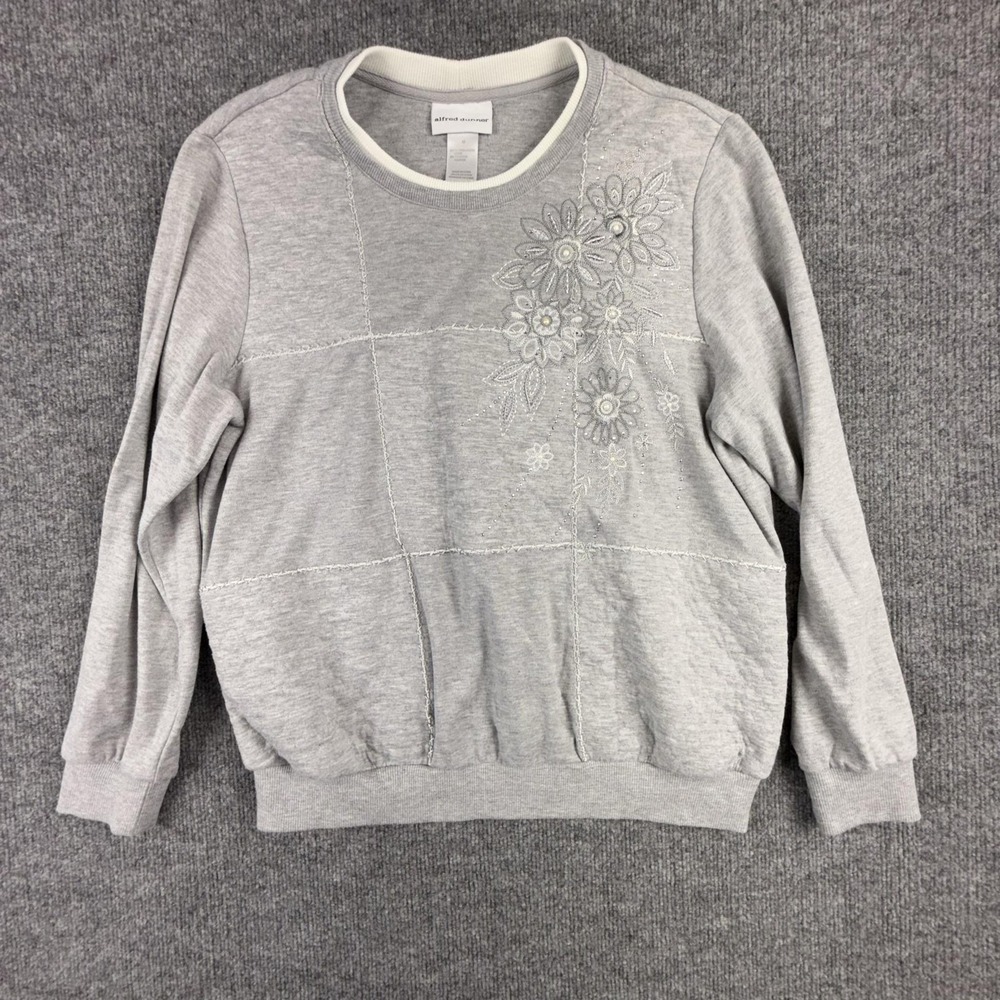 Alfred‎ Dunner Shirt Womens Medium Gray Floral Embroidered Crew Neck Knit Top
